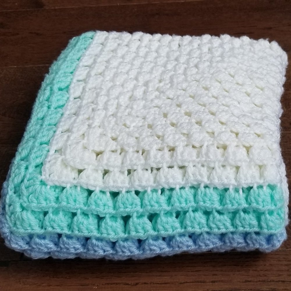Hand Crochet Granny Square Baby Afghan White Pastel Blue & Teal 38.5'' x 40.5''
